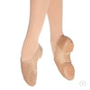 Tan slip-on jazz shoes shown on dancer’s feet in releve
