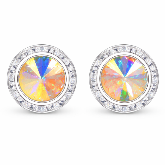 AB rondel dance earrings with rivoli center shown as a pair on a white background.