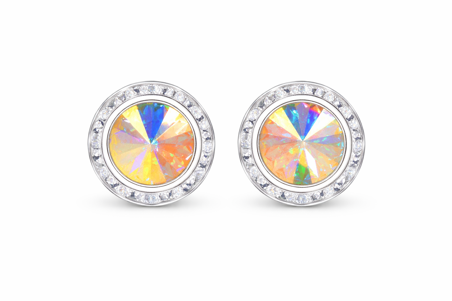 AB rondel dance earrings with rivoli center shown as a pair on a white background.
