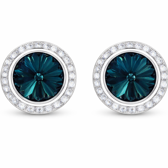 Alaskan Blue rondel dance earrings with rivoli center shown as a pair on a white background.