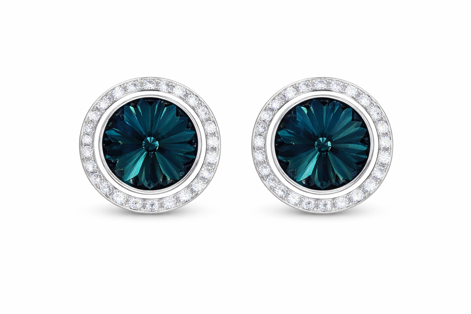 Alaskan Blue rondel dance earrings with rivoli center shown as a pair on a white background.