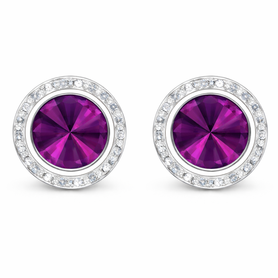 Amethyst rondel dance earrings with rivoli center shown as a pair on a white background.