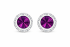 Amethyst rondel dance earrings with rivoli center shown as a pair on a white background.