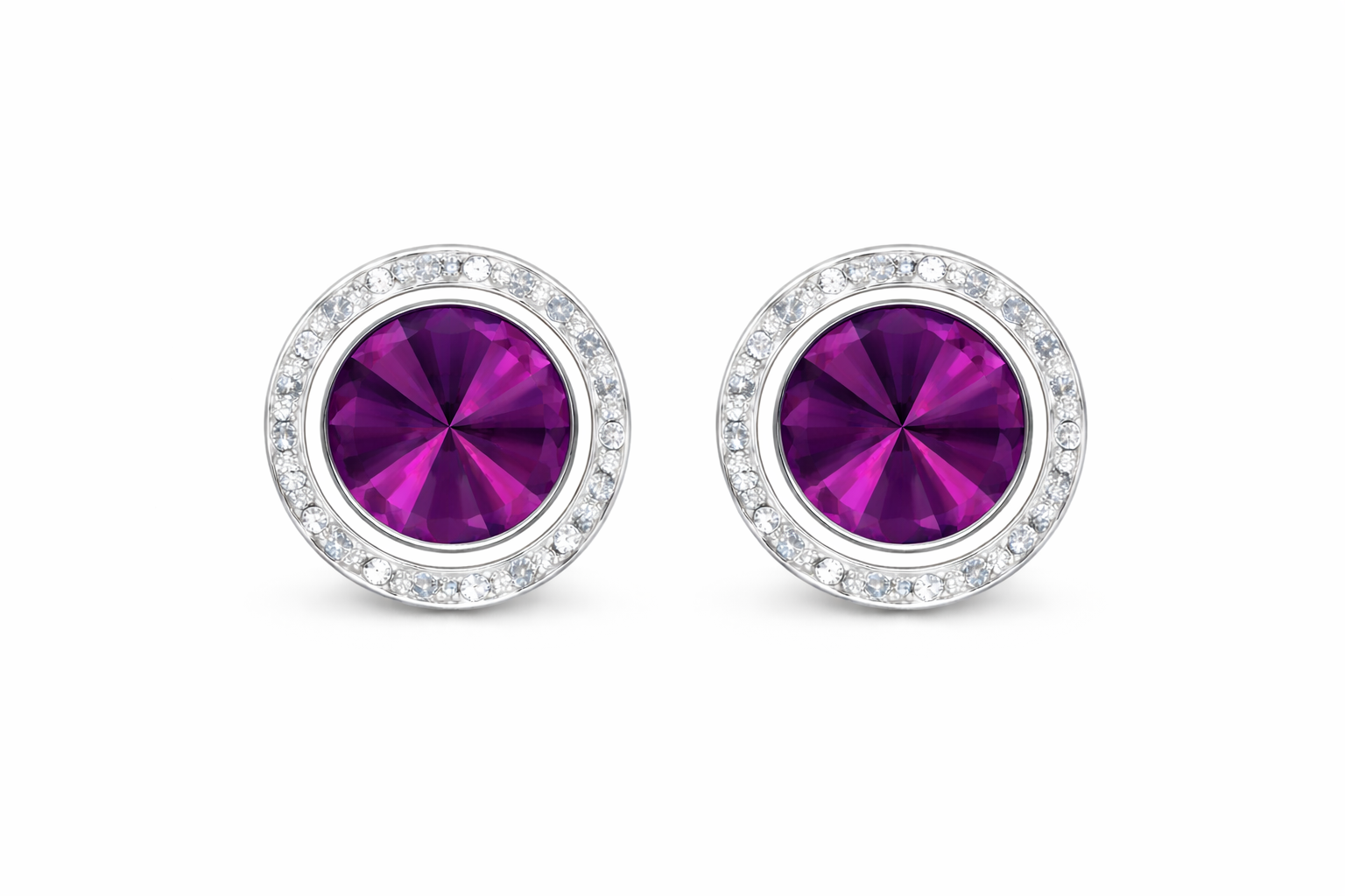 Amethyst rondel dance earrings with rivoli center shown as a pair on a white background.