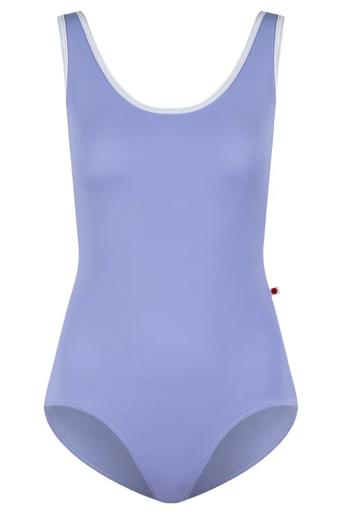 Lavender scoop neck leotard front view on white background