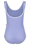 Lavender scoop neck leotard back view on white background