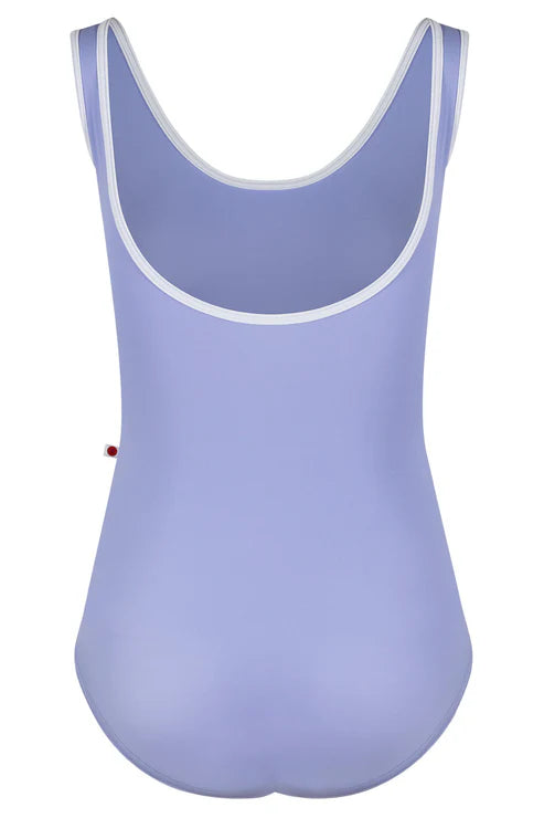 Lavender scoop neck leotard back view on white background
