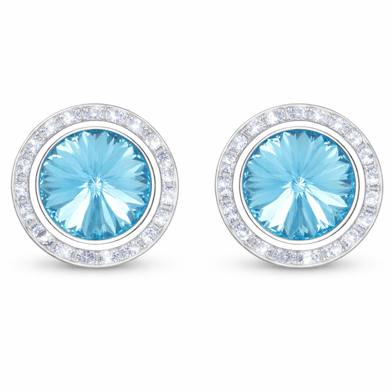 Aquamarine rondel dance earrings with rivoli center shown as a pair on a white background.