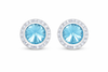 Aquamarine rondel dance earrings with rivoli center shown as a pair on a white background.