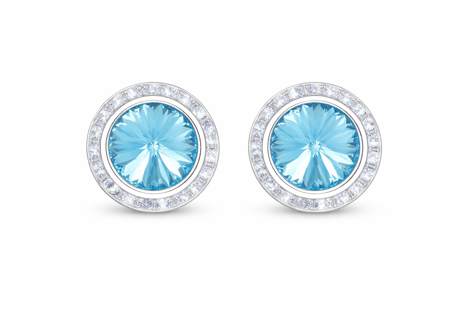 Aquamarine rondel dance earrings with rivoli center shown as a pair on a white background.