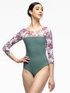 Green leotard with floral mesh long sleeves front view worn by model