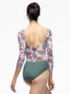 Green leotard with floral mesh long sleeves back view worn by model