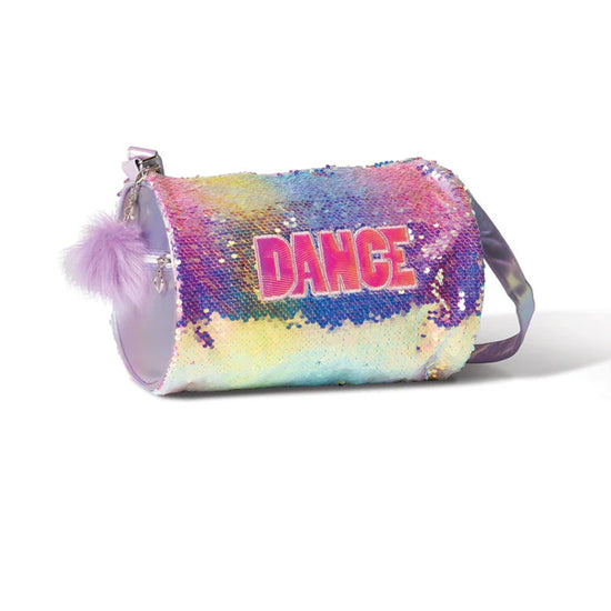 Rainbow sequin dance duffel bag with “DANCE” lettering and shoulder strap