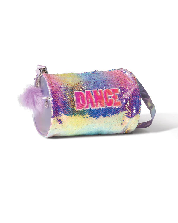 Rainbow sequin dance duffel bag with “DANCE” lettering and shoulder strap