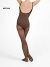 Side view of dancer wearing a dark nude body tight