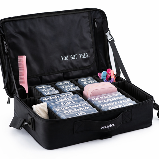 Black From the Top beauty box organizer open with labeled containers and compartments inside
