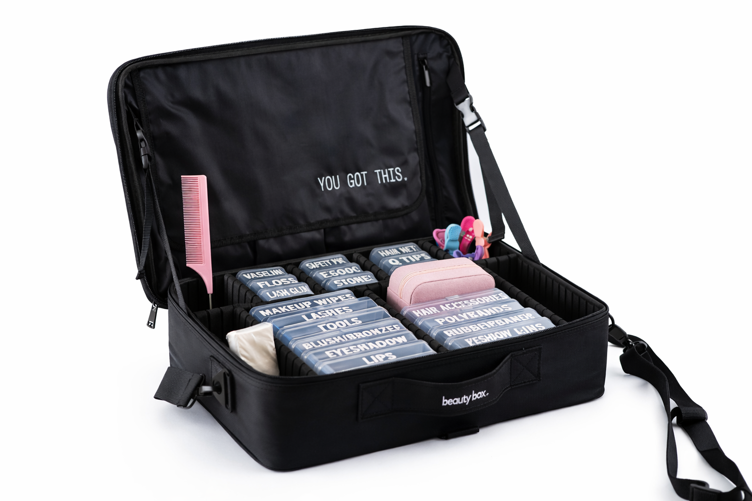 Black From the Top beauty box organizer open with labeled containers and compartments inside