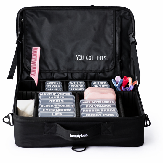 Open beauty box showing interior compartments filled with makeup and performance accessories