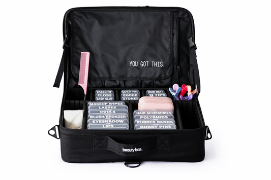 Open beauty box showing interior compartments filled with makeup and performance accessories
