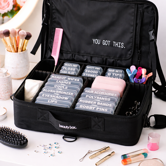 Beauty box displayed open on a table with organized containers and tools visible