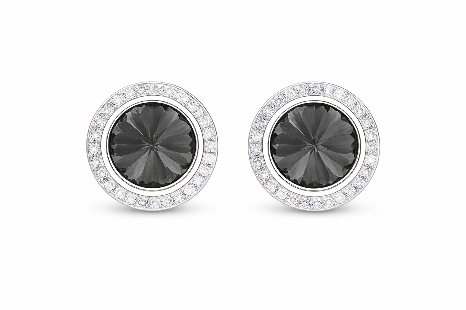 Black Diamond rondel dance earrings with rivoli center shown as a pair on a white background.
