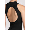 Black zip-front leotard showing open back detail, close-up