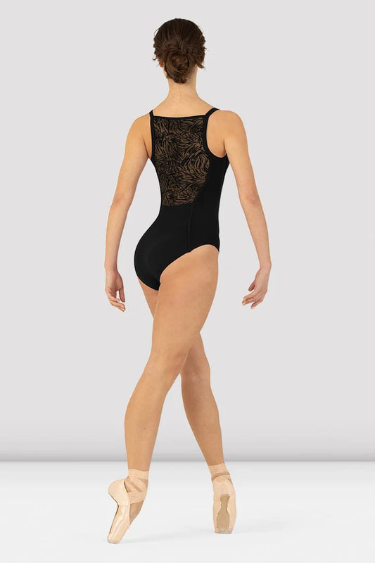 Back view of girl dancer wearing a black cami leotard with mesh back detail