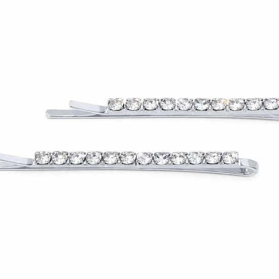 Pair of silver rhinestone single row bobbie pins on a white background