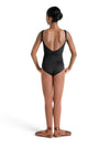 Back view of black camisole leotard with V back neckline worn by model