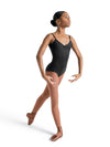 Model wearing black V-neck camisole leotard with pinch front