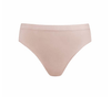 Salmon pink seamless high cut children’s dance brief, front view.