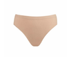Beige seamless high cut children’s dance brief, front view.