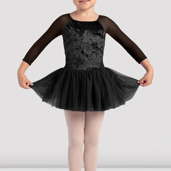 Bloch child velvet 3/4 sleeve tutu leotard in black, front view