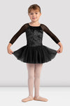 Bloch child velvet 3/4 sleeve tutu leotard in black, front view