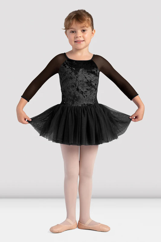 Bloch child velvet 3/4 sleeve tutu leotard in black, front view