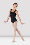 Young dancer wearing black gathered front tank leotard, front pose