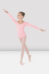 Bloch girls light pink long sleeve leotard, ballet stance