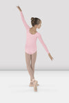 Bloch girls candy pink long sleeve leotard, arm extension pose