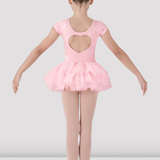 Back view of pink girls tutu leotard dress with heart-shaped cutout and three-layer tulle skirt