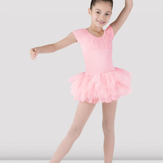 Front view of pink girls tutu leotard dress with cap sleeves and sequin bust detail