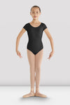 Front view of a girls black cap sleeve leotard with scoop neckline