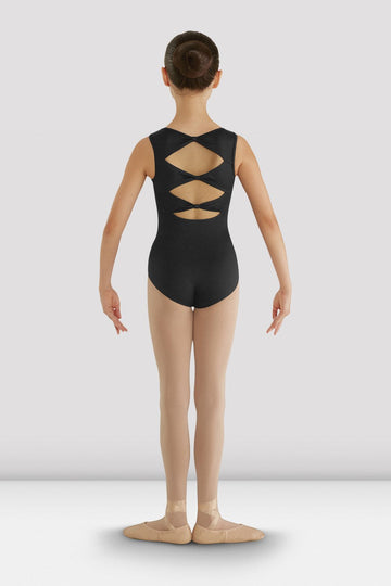 Back view of a black girls tank leotard featuring triple bow diamond-shaped back with three keyhole openings.
