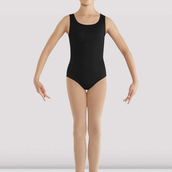 Front view of a black girls tank leotard with scoop neckline and ballet leg line.