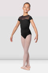 Young dancer wearing a black cap sleeve leotard with high mesh neckline