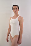 Adult white camisole leotard with double front straps, front view
