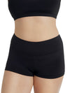 Front view of adult dancer wearing black gusset shorts with a smooth fit