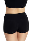 Back view of adult dancer wearing black gusset shorts with a wide waistband