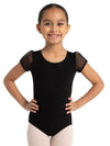 Child dancer wearing black puff sleeve ballet leotard, front view