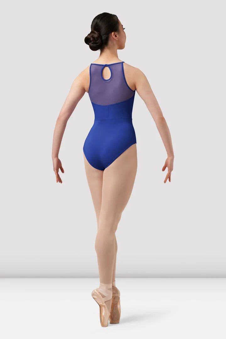 Adult dancer wearing blue halter leotard back view