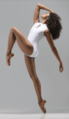 Adult dancer posing in high neck leotard with keyhole front detail